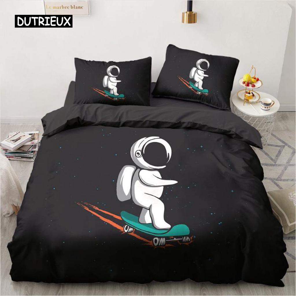 Space Duvet Cover Set Microfiber Outer Space Astronaut American Flag Pattern Bedding Set for Boys Girls Queen King Quilt Cover