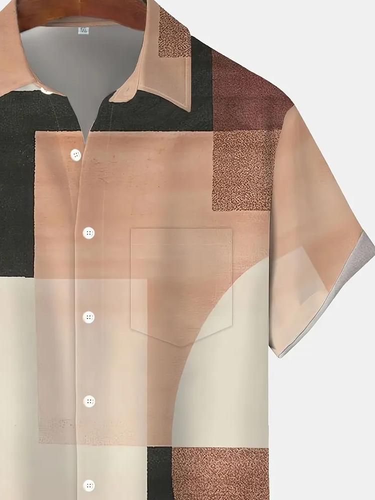 Mens Fashion Short Sleeve Geometric Pattern Button Shirt Trendy Versatile Breathable and Comfortable