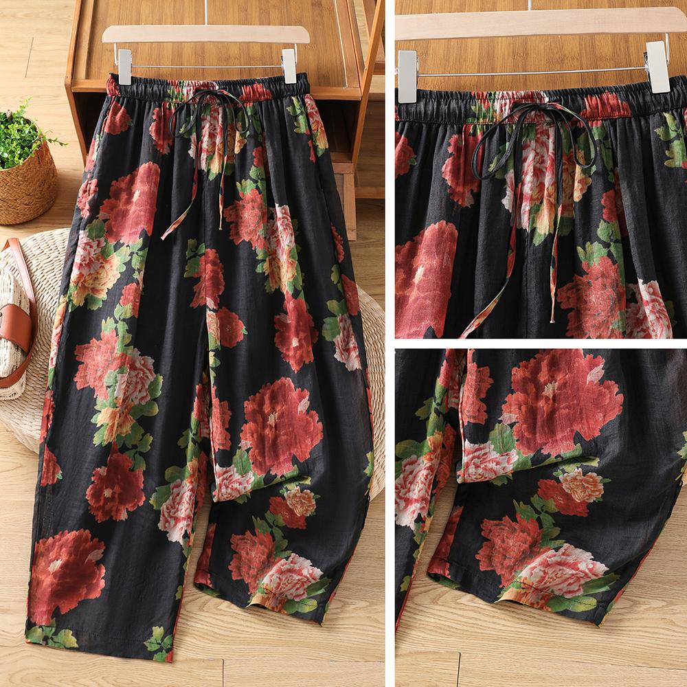 DIMANAF 2026 Estate Nuovi Pantaloni Lunghi Taglie Forti Donna Stampa Vintage Floreale Larghi Vita Elastica Pantaloni Casual da Donna