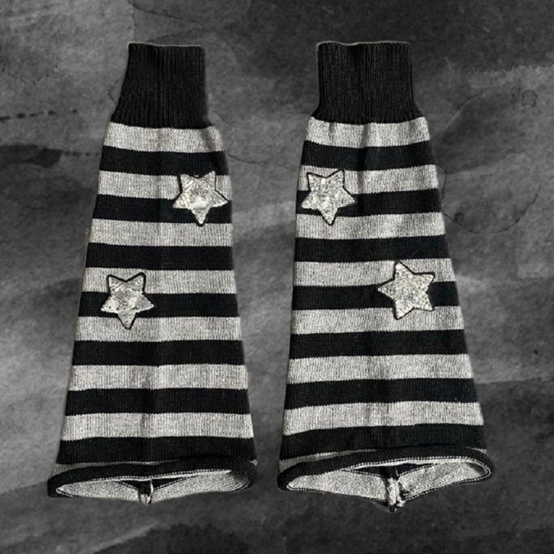 Harajuku Women Autumn Leg Warmers Socks Japanese Gothic Striped Sequins Stars Knitted Long Socks Punk Baggy Foot Covers