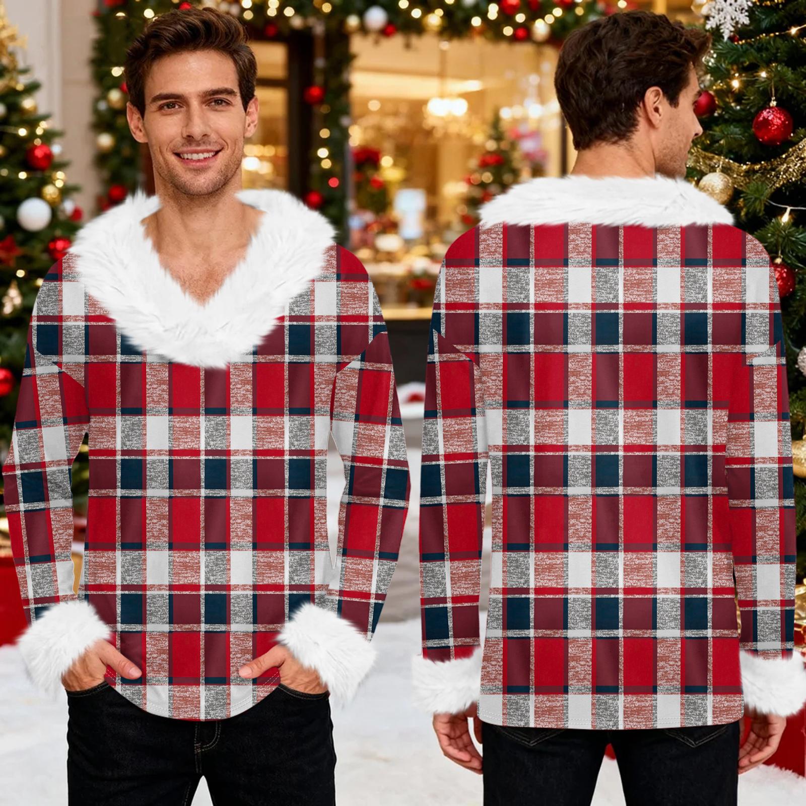 

Men s Christmas Printed Fleece Lined Hoodie | Faux Trim Party Sweatshirt With Pocket | Plus Size Loose Fit Holiday Pullover XL винный