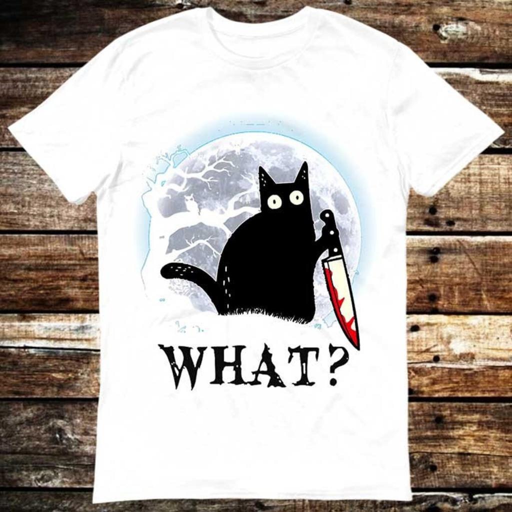 Cat What Murderous Black Cat Knife Moon Halloween Fancy Dress T Shirt Meme Gift Funny Tee Vintage Style Unisex Gamer Cult Movie Music 6275