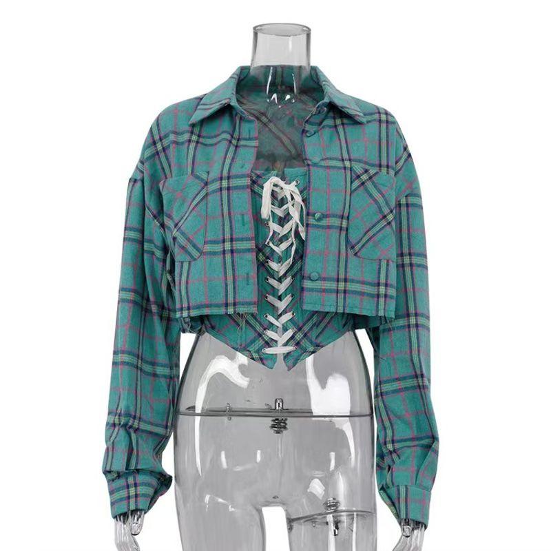 

European and American Sexy Lace-up Plaid Tube Top Top + Shirts Two-piece Set Plaid Vest and Shirt Set Blue S