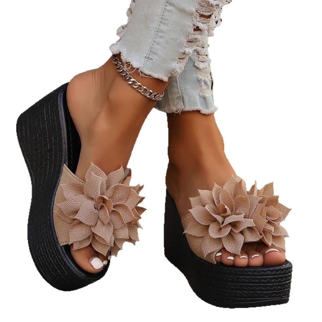 Summer New Flower Muffin Slippers Women's 2025 Large Size One-word Slippers Thick-soled Cool Slippers