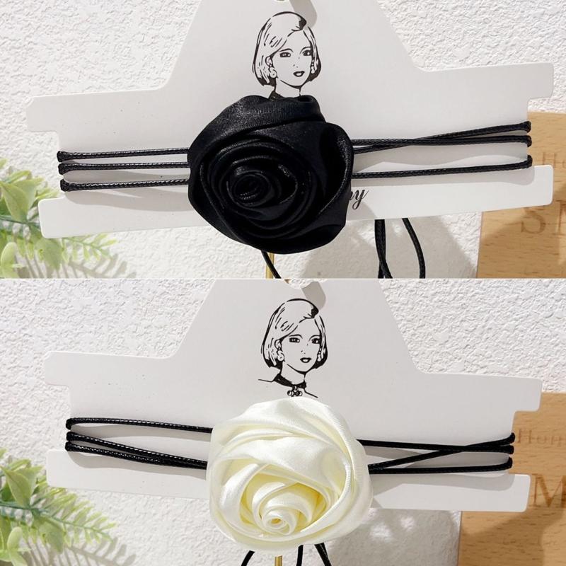 Simple Rose Flower Neckband Choker Necklace Jewelry Women Clavicle Chain Necklace Temperament Long Lace up Neck Chain