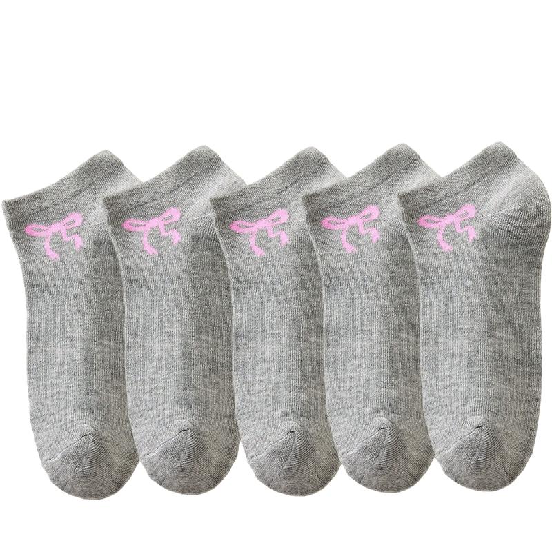 

5pairs Women s Cute Pink Bow Printed Black White Grey Socks Spring Summer Sweat Absorbing Breathable Soft Low Cute Casual Socks One Size сірий