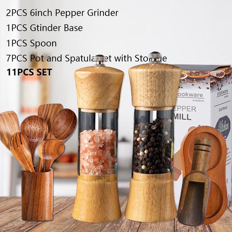 WXCOO 6inch Kitchen Pepper Grinder Sea Salt Grinder Ceramic Grinding Core Wooden Pepper Grinder Adjustable Manual Pepper Mill