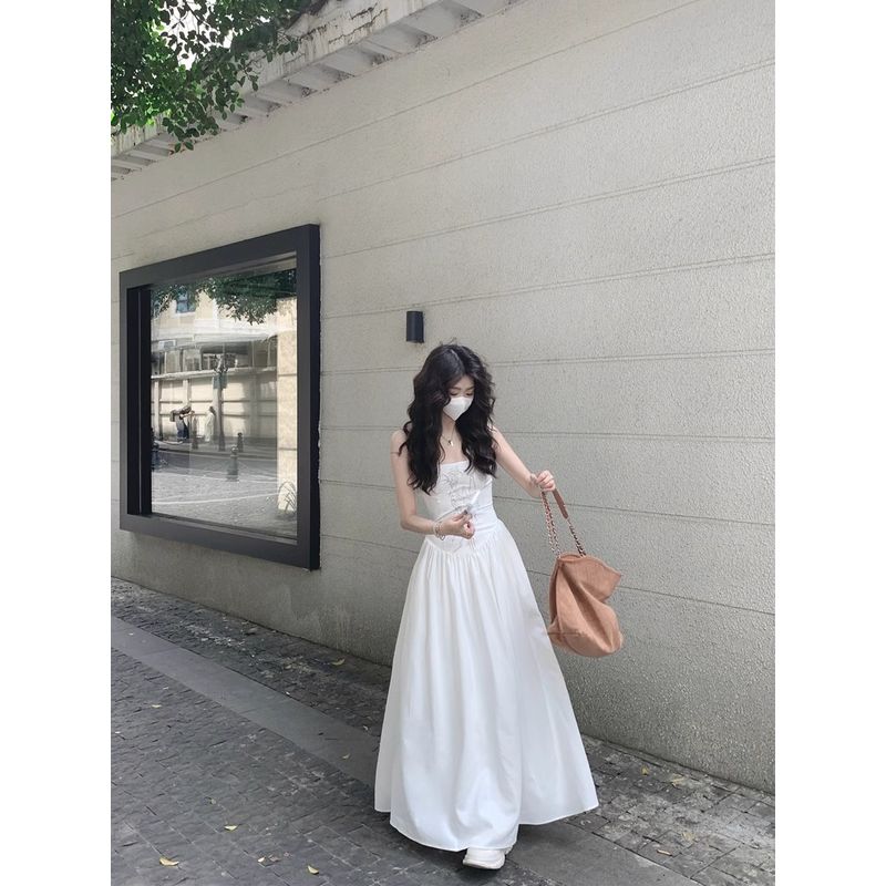 Kumikumi New Chinese Embroidery Sling Dress Women Summer Seaside Holiday Style High Waist Slimming White Long Dress