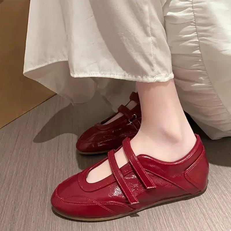 Women's Shoes Retro Red Mary Jane Shoes Women's Inner Height Increase Casual Ballet Shoes Flat Single Shoes Fashion
