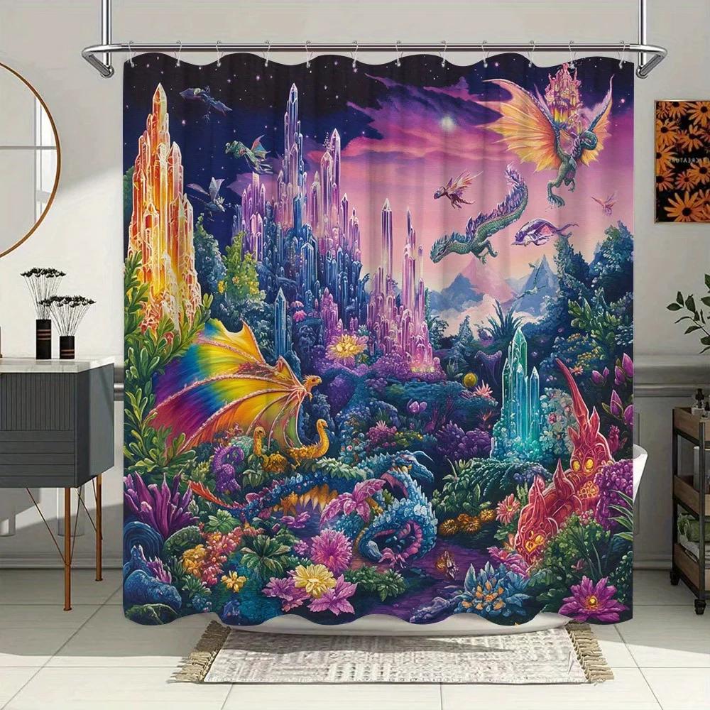 

YXFantasy Art Shower Curtain - Bioluminescent Forest with Flying Dragons, Vibrant Digital Print, Polyester,Mystical Bathroom Dec W90xH180cm
