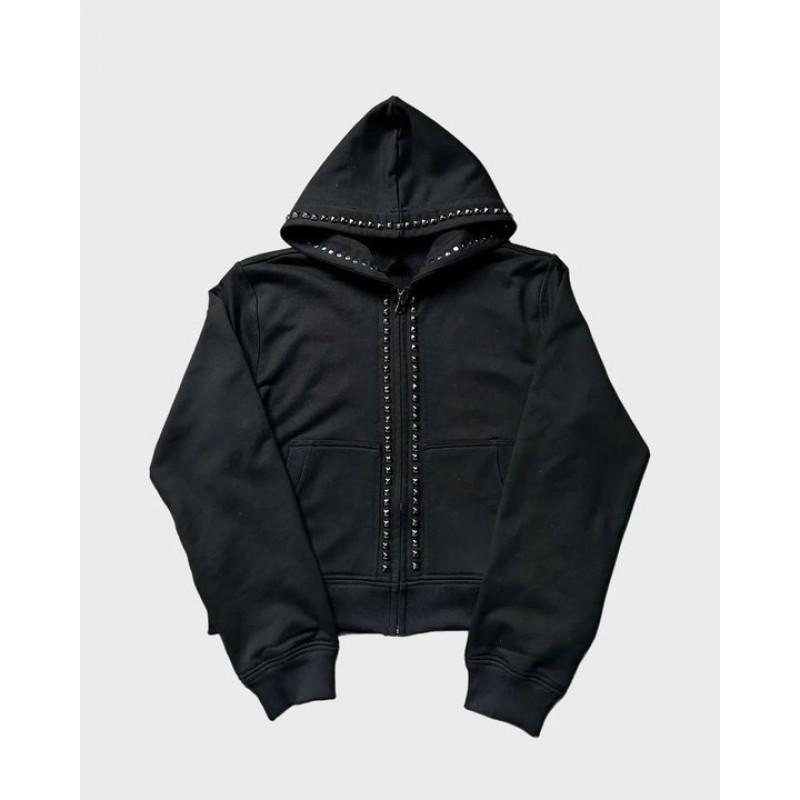 Unisex Hooded Zip-Up Sweatshirt With Beaded Embellishment Streetwear Loose Fit Long Sleeve Black Gray
