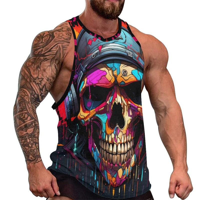Summer Round Neck 3D Fashion Skull Printed Top Fashionable Casual Hip-hop Sleeveless Vest Men's T-shirts