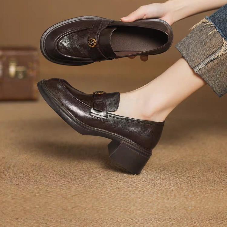 Sheepskin version~ New retro thick-heeled loafers, women's one-pedal round-headed single shoes, genuine leather commuting lazy small leather shoes