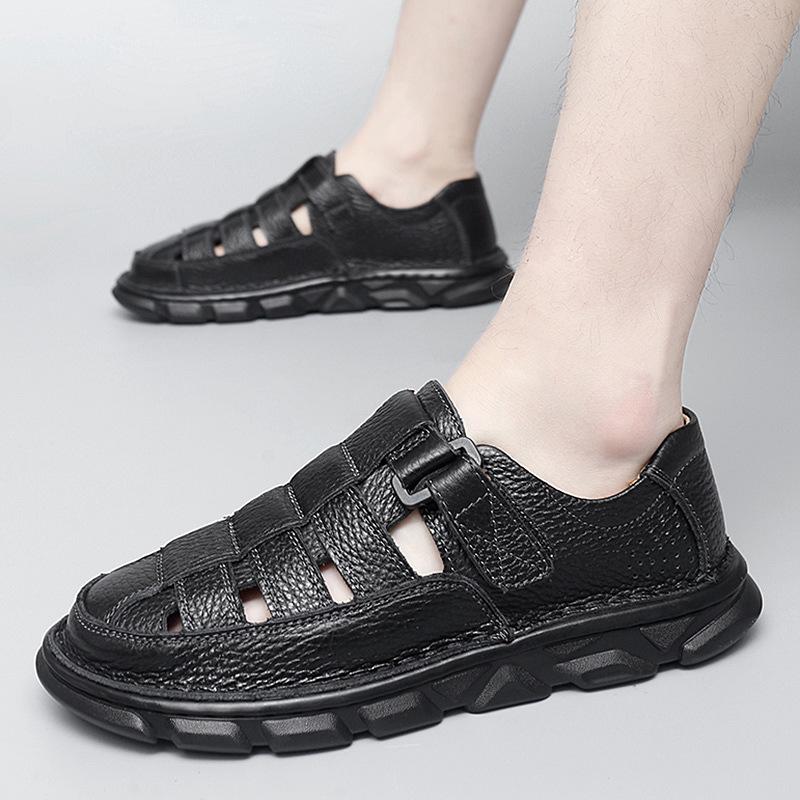 Foreign trade large size leather men's sandals men's summer hollow breathable hole shoes bag head cool leather shoes dad shoes