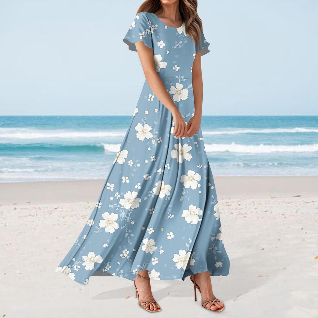 Dámské ležérní šaty s havajským potiskem, kulatým výstřihem a krátkým rukávem, s vysokým pasem