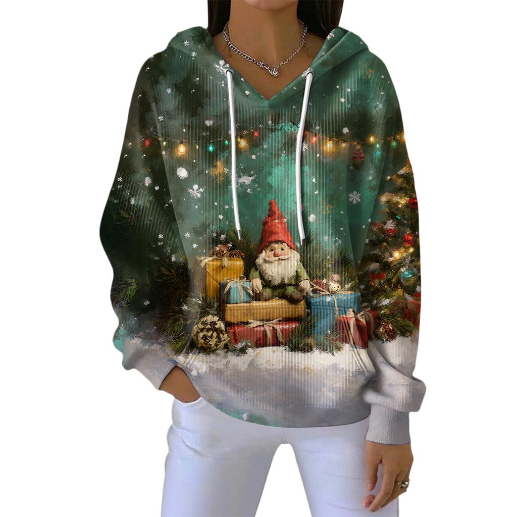 Women's Loose Comfortable Casual Fashion V-Neck Christmas Print Long Sleeve Hoodie