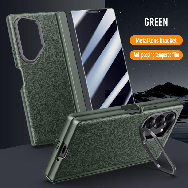 Magnetic Metal Ring Bracket Phone Case for Samsung Galaxy Z Fold 6 5G with Lens Stand Skin Feel Leather Hinge Protective Cover