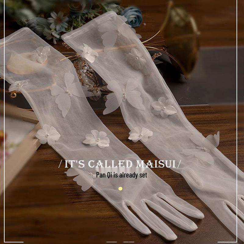 Luxury Pearl Flower Mesh Gloves for Brides - Elegant Wedding and Evening Dress Accessories