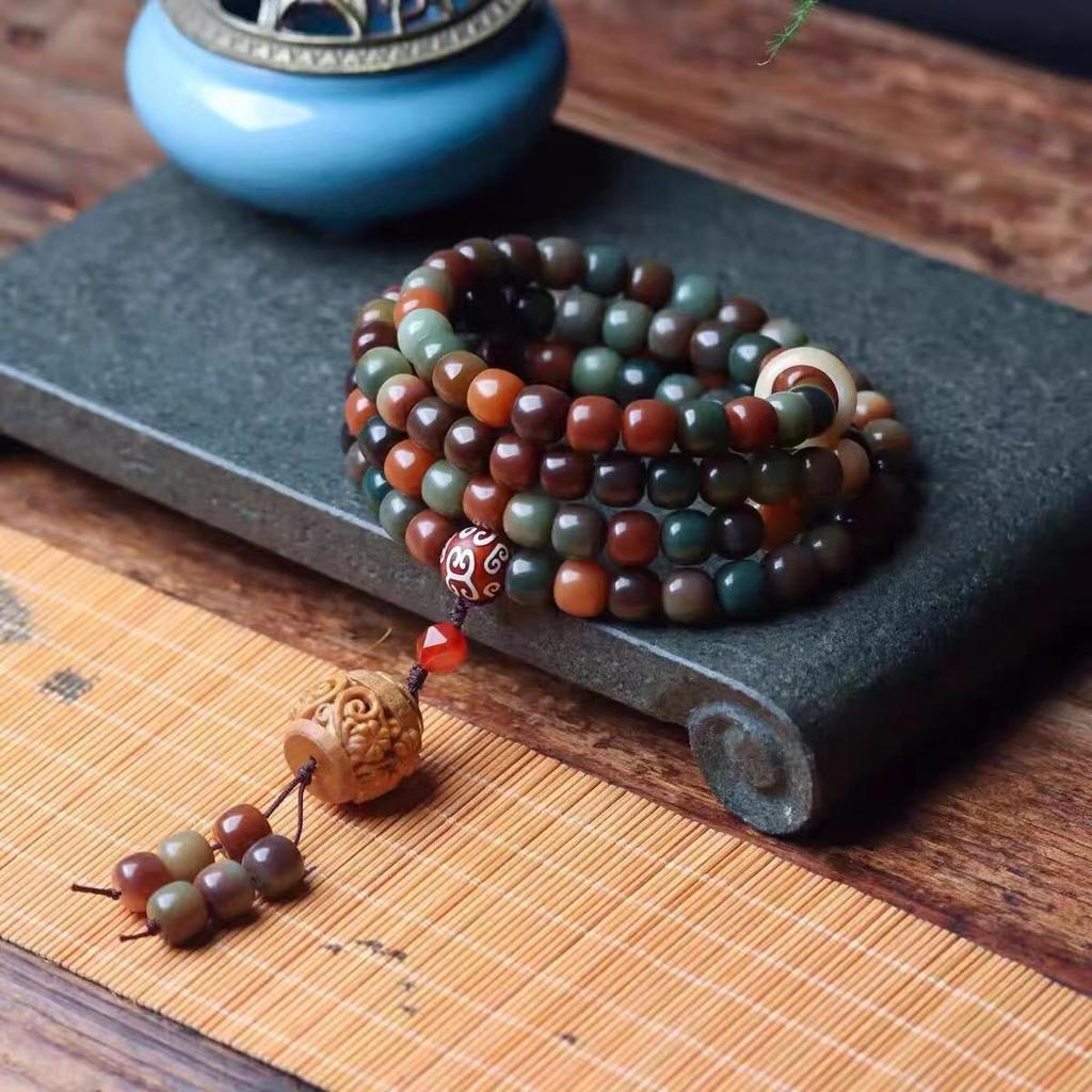 Dunhuang Rainbow-Style Bodhi Root Prayer Beads Bracelet