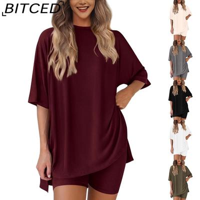 Women's Spring/Summer Loose-Fit Fashion Solid-Colour Casual Short-Sleeved Top and Shorts Two-Piece Set