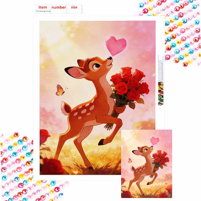 Disney 5D Diamond Painting Kit Lovely Bambi with Red Roses and Pink Heart for Home or Office Home Decor Art Diamond Painting Kit Round 20x30cm