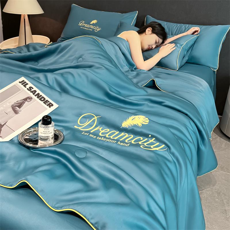 Class A Ice Silk Summer Quilt Set - Cooling, Water Washable, Embroidered, Air Conditioning Friendly, Thin Quilt for Naked Sleep