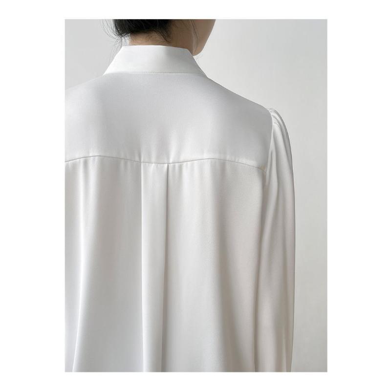 Spring Women's French Style Bow Tie Blouse, Satin Office Shirt with Flowing Ribbon Detail, Sexy Elegant Commute Wear for Business Casual