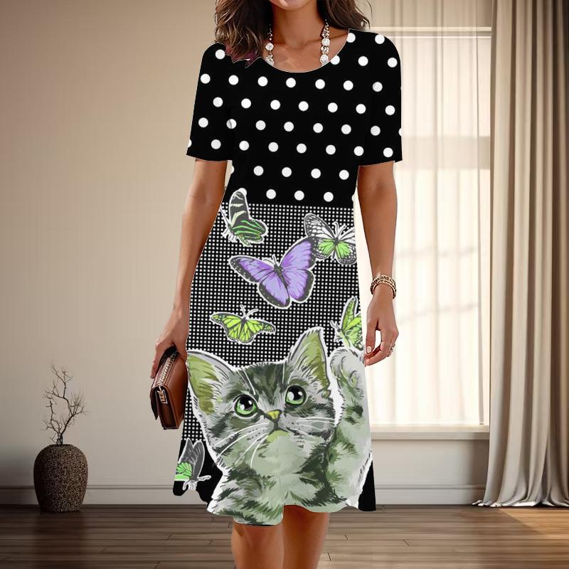 Women's Fashion Graceful Cute Cat Print Summer Spring Short Sleeve O-Neck Casual Dresses