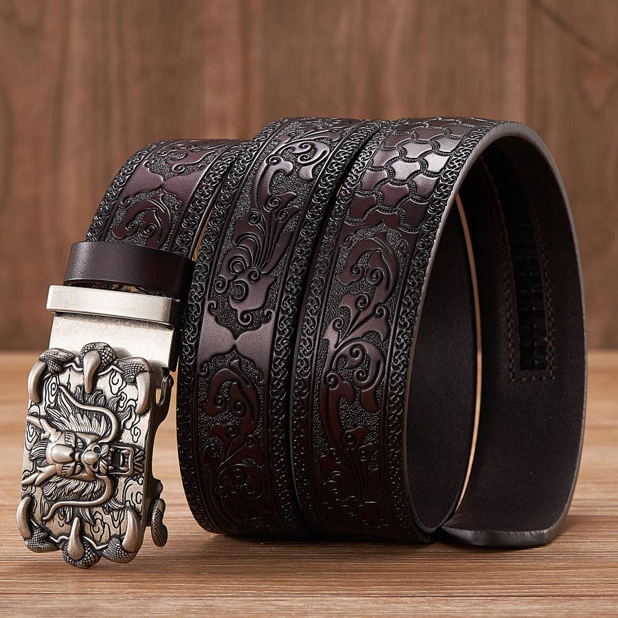 

3.5cm Fashion Embossing Retro Male Belts for Men Business Split Leather Belt Dragon Pattern Automatic Buckle Strap 130cm