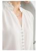 Petite Women's French-Style V-Neck Ruffle Blouse - White Mulberry Silk Long Sleeve