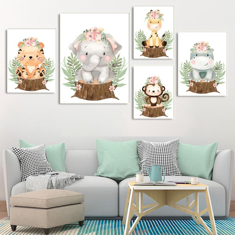 Cartoon Wearing Flowers Animal Leaves Nursery Wall Art Canvas Painting Posters And Prints Wall Pictures Baby Kids Room Décor No Frame