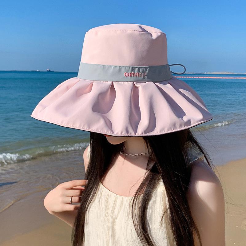

UV protection bucket hat women spring summer eaves letter vinyl sun protection basin hat outdoor travel sun hat 54-58cm (drawstring)