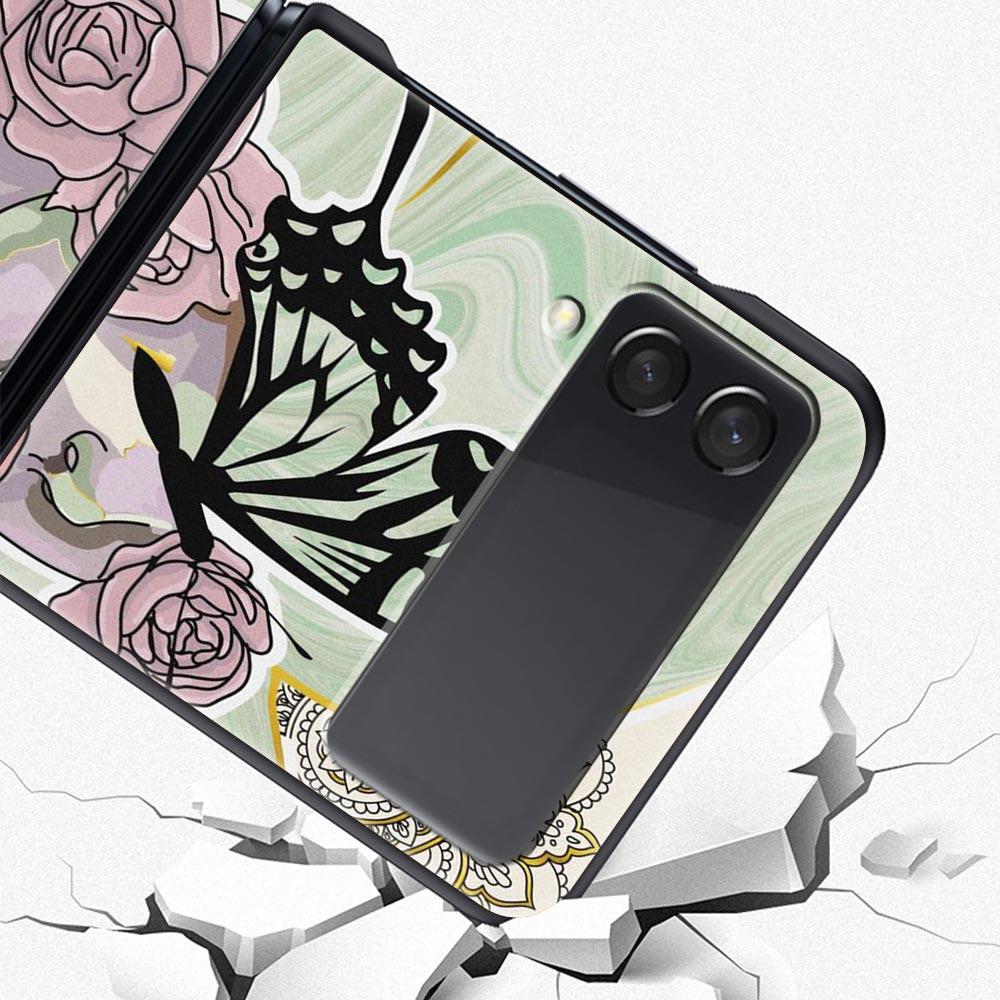 Paris Art Blue Butterfly Girl Flower Phone Case for Samsung Galaxy Z Flip 3 4 5 Black Folding Mobile Shell Hard Protect Cover
