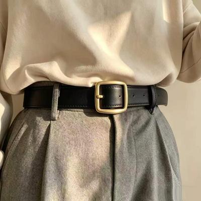 Women's Retro Commuter Leather Belt with Gold Square Buckle - Brown/Black, Versatile for Suits & Jeans