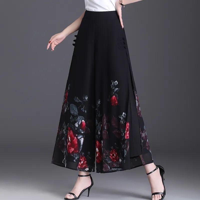 Sommer Chinesischer Stil Vintage Chiffon Weite Hosen Damen Hohe Taille Druck Patchwork Tasche Knopf Gerade Gekürzte Hosen
