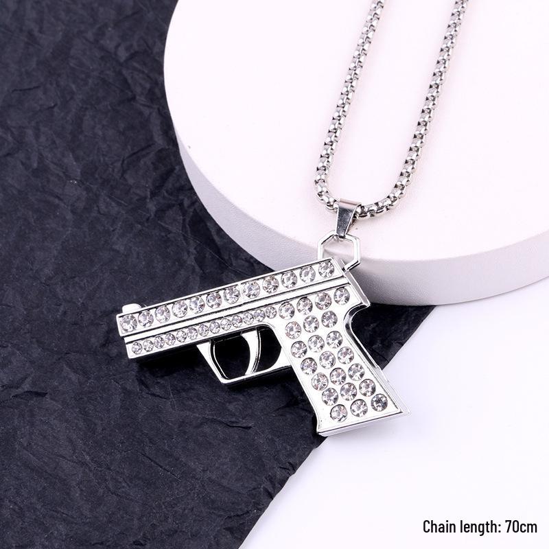 Trendy Cross-Border Rhinestone Pendant Necklace: Unisex Hip-Hop Style Stainless Steel Chain.