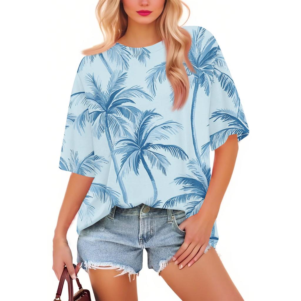 Women's Fashion Casual Floral Loose Round Neck Short Sleeve Trendy Holiday T-shirt Top