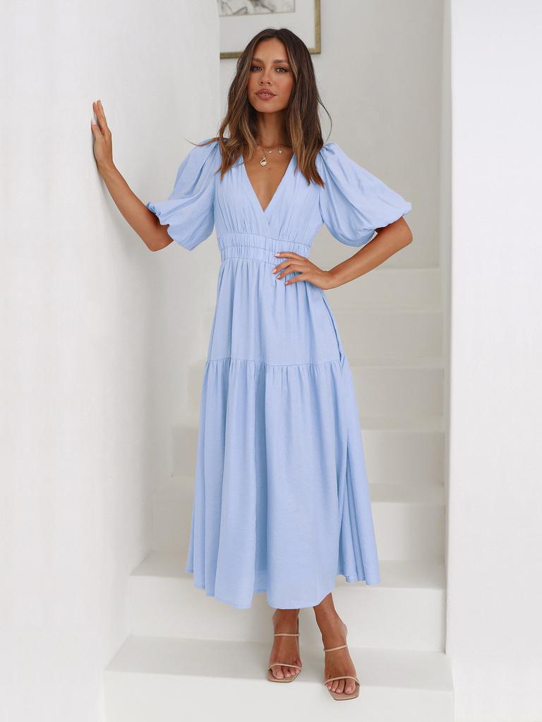 Summer Elegant Deep V Bubble Sleeve Maxi Dress With Pleated Fabric For Women