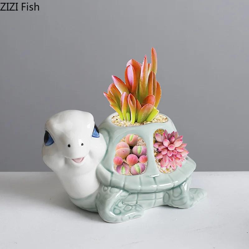 Creative Cartoon Turtle Ceramic Vase Plant Pots Table Decoration Flowers Arrangement Painted Turtle Vase Room Aesthetic Decor