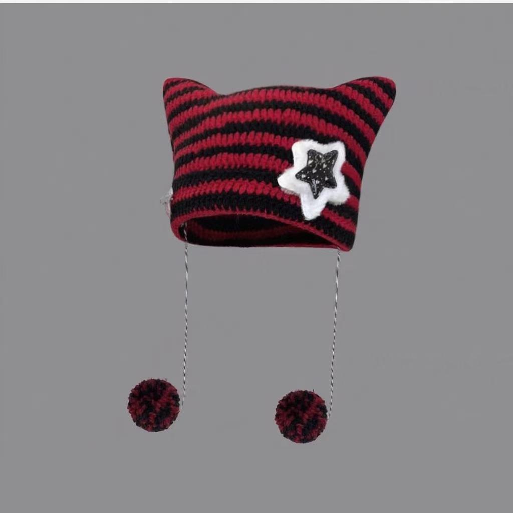 Korean Style Knitted Kitten Ears Beanie - Striped, Warm, Unisex Wool Hat for Students
