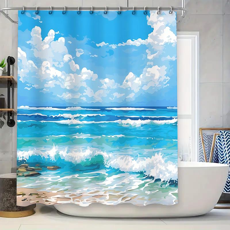 

Seaside Scenery Shower Curtain - Blue Ocean Waves And White Clouds Bathroom Decor For Home And Hotel Waterproof Durable W60H190(CM)-1 Pcs