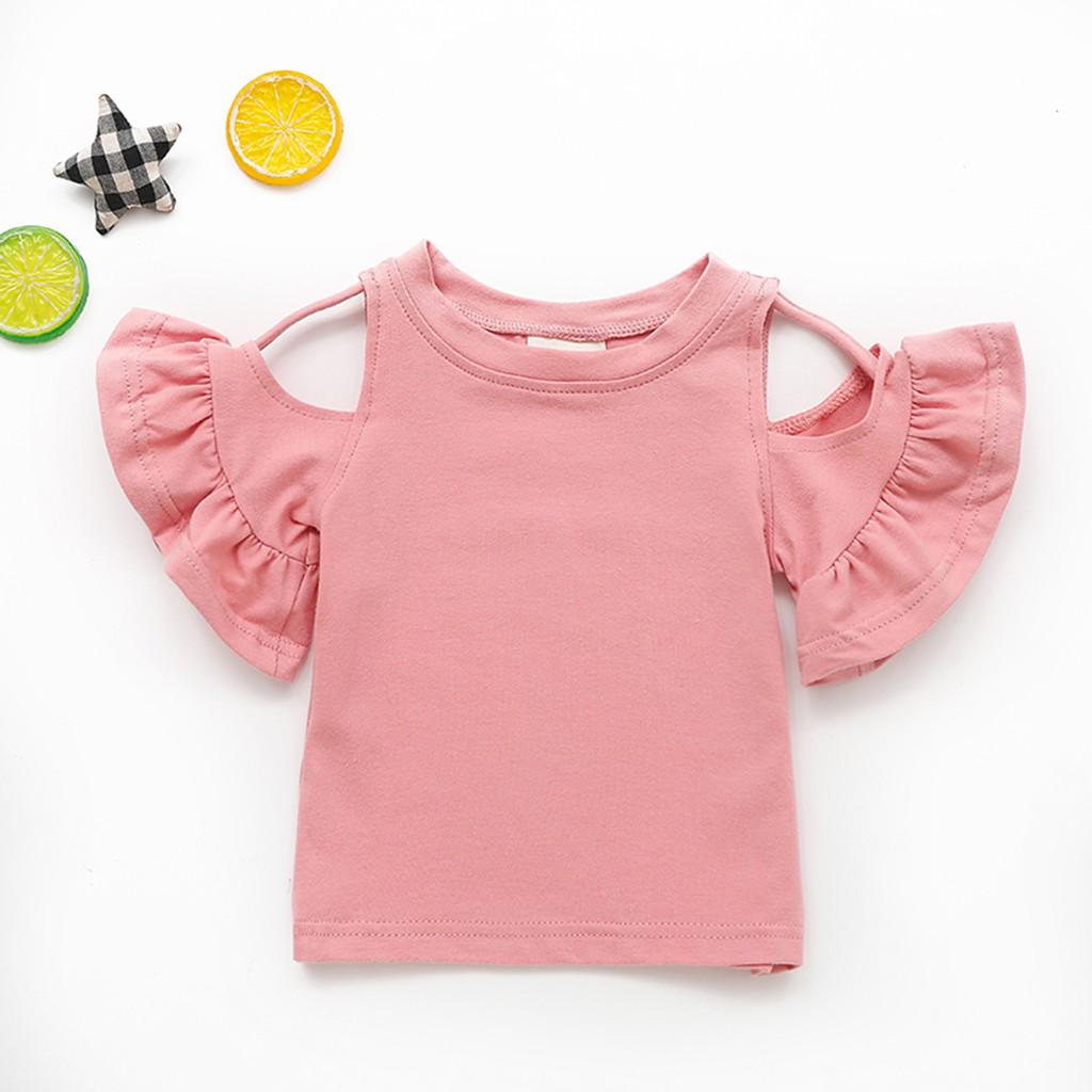 

Детские однотонные хлопковые топы с открытыми плечами и рюшами для девочек, блузка 90 розовый