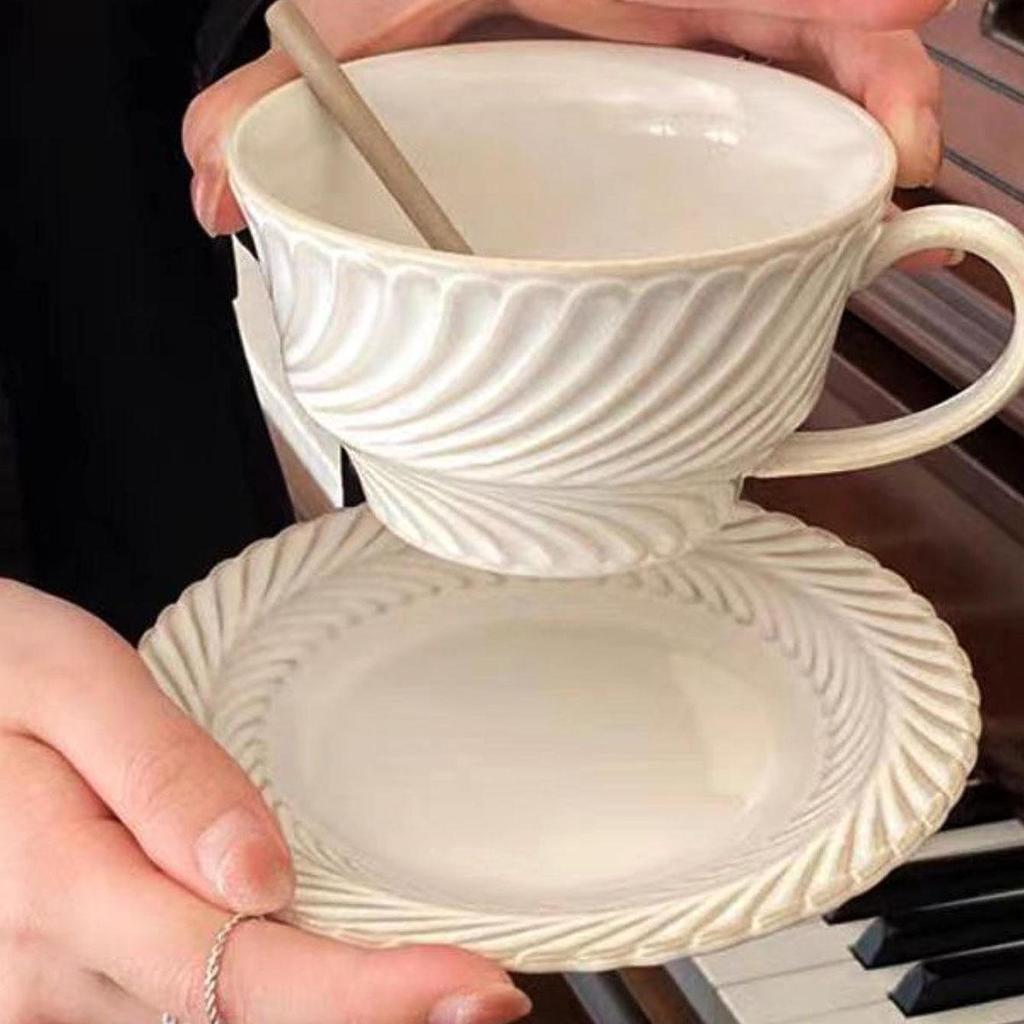 Used Ceramic Coffee Cup & Saucer Set - Styling Latte, American Cup, French Wheat Iron Plate