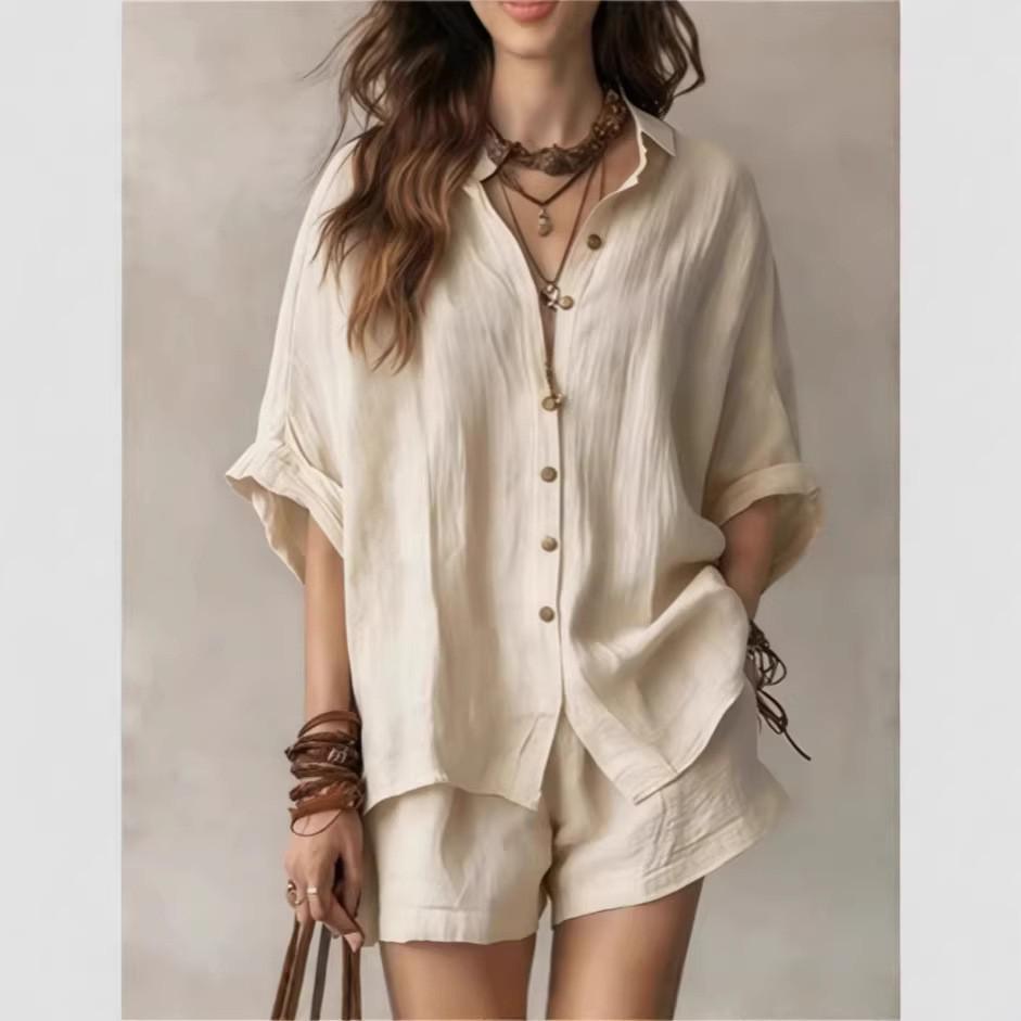 2026 Spring/Summer Women's Solid Color Loose Button-Down Shirt and Shorts Fashion Casual Set
