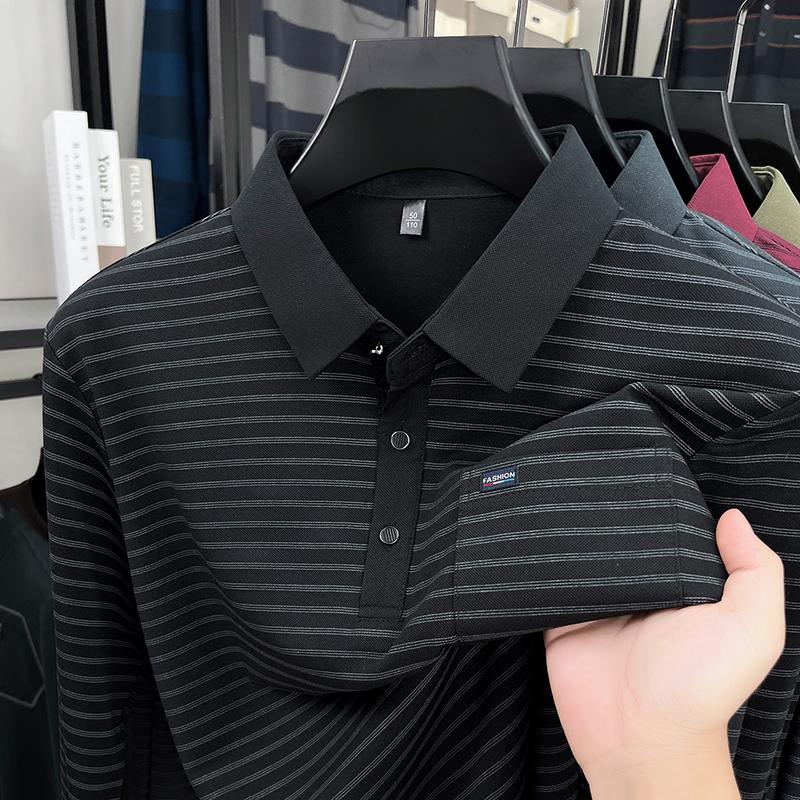 Men's Polo Shirt Lapel Long Sleeve T-Shirt Autumn Striped Pocket Fashion Business Classic Versatile Menswear