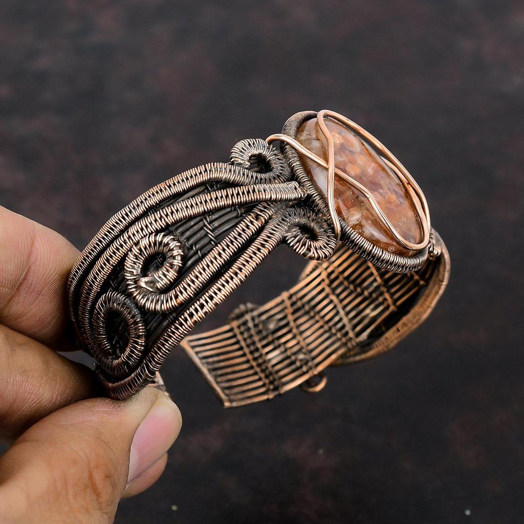 Bransoletka mankietowa z kamieniem słonecznym, owijana drutem miedzianym, regulowana bransoletka bangle, biżuteria z kamieniem słonecznym, miedziana bransoletka mankietowa, ręcznie robiona bransoletka designerska