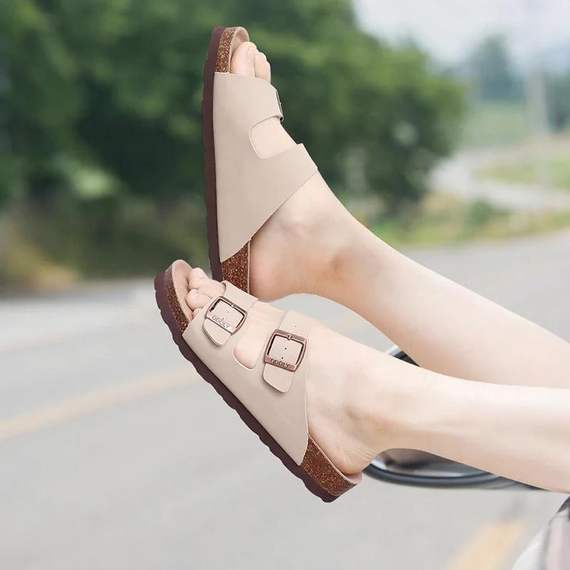 Módní Crestar Classic Dámské korkové pantofle Módní venkovní plážové sandály s dvojitou přezkou Korková stélka Kožené sandály Unisex dřeváky Boty