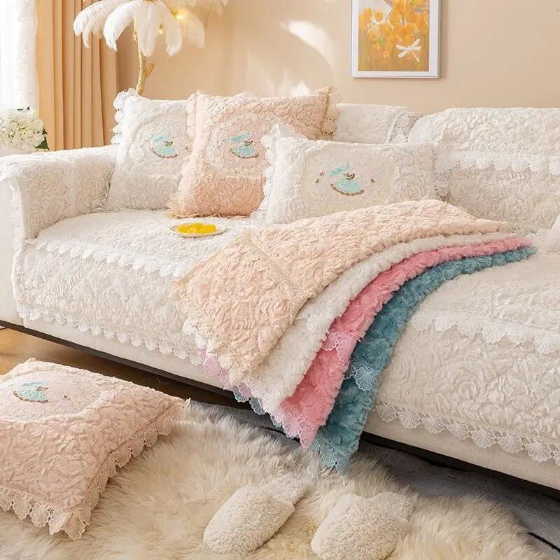 Rose Plush Sofa Cover Autumn Winter Velvet Living Room Sofa Cushion Thickened Warm Soft Sofa Backrest Towel Washable Colourfast