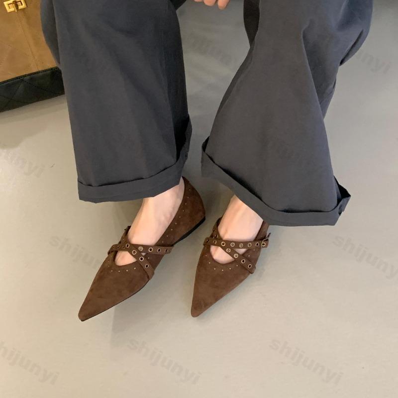 Women Mary Jene Shoes 2026 Autumn New Vintage Pointed Toe Belt Buckle Flats Luxury Outdoor Non Slip Casual Fashion Single Shoes