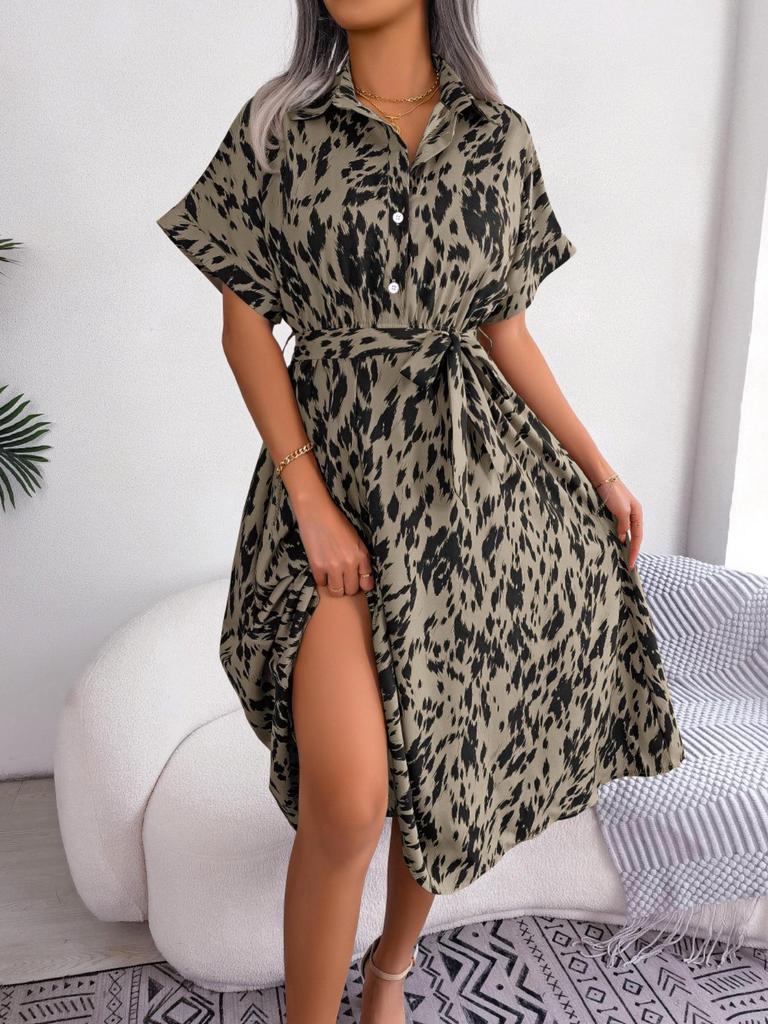 2025 Spring/Summer Casual Leopard Print Tie-Up Shirt Dress for Women